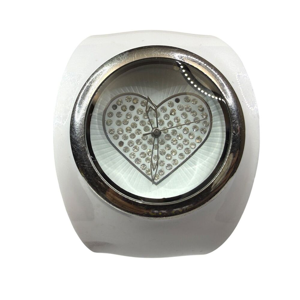 White Cuff Bangle Watch Rhinestone Heart Dial Quartz Analog Fashion Women's 6"